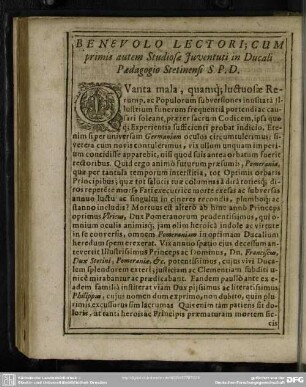 Benevolo Lectori, Cum primis autem Studiosae Juventuti in Ducali Paedagogio Stetinensi S.P.D