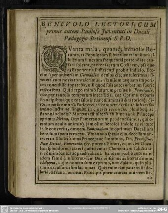 Benevolo Lectori, Cum primis autem Studiosae Juventuti in Ducali Paedagogio Stetinensi S.P.D