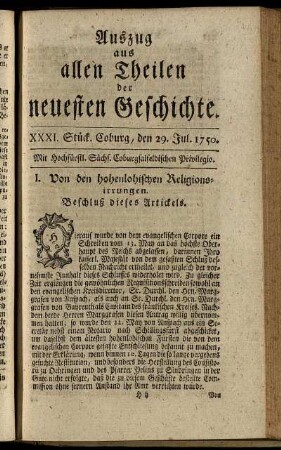 XXXI. Stück. Coburg, den 29. Jul. 1750.