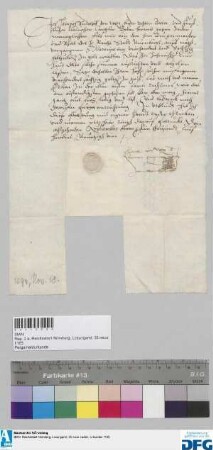 Dr. iur. utr. Heinrich Rudolff von Weze, fürstlich Clevischer Kanzler, stellt der Stadt Nürnberg über 400 fl. Stadtsteuer Quittung aus.