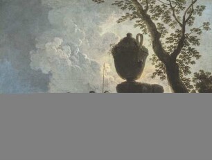 Tief bewölkte Landschaft mit Figurengruppe und Resten antiker Gräbersteine