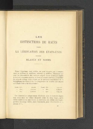 Les Distinctions de Races dans la Législation des États-Unis.