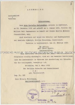 Auszug aus dem Geburts- und Taufregister der schwedischen Gemeinde Pjätteryd (Abschrift)