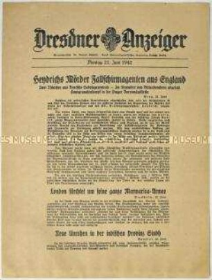 Nachrichtenblatt "Dresdner Anzeiger" u.a. zu den Ermittlungen betreffend das Attentat auf Reinhard Heydrich