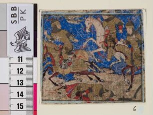 Ein reitender Krieger (Rustam ?) erschlägt einen Gegner mit seiner Keule