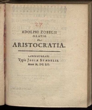 Adolphi Zobelii Oratio De Aristocratia