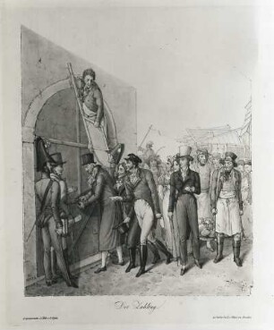 Der Zahltag : Opiz, Georg Emanuel. Der Zahltag. Aus: Leipziger Messe, H. 1. Stich, koloriert; 28 x 24 cm. 1825. Leipzig: Stadtgeschichtliches Museum XV B KK 34