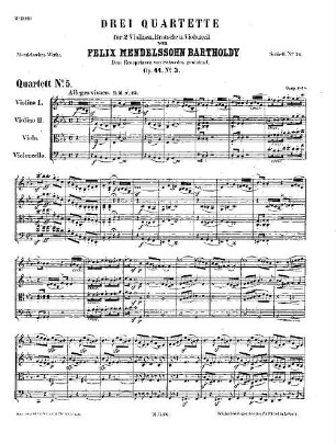 Felix Mendelssohn-Bartholdys Werke. 6,26. Nr. 26, Fünftes Quartett : op. 44,3 in Es. - 31 S. - Pl.-Nr. M.B.26