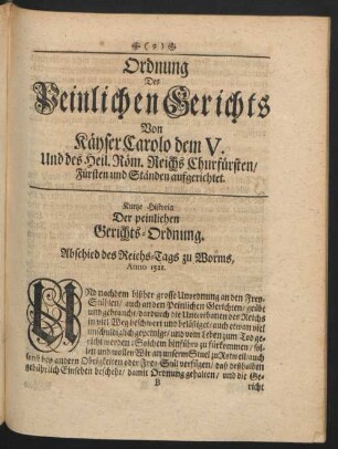 Kurtze Historia Der peinlichen Gerichts-Ordnung