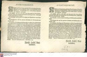 Amt Battenberg: Bekanntmachung über die vier freien Vieh- und Kramermärkte zu Bromskirchen (Druck, zwei Exemplare auf einem Blatt)