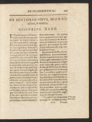 De Historionibus, Morionibus, & mimis. Discursus. XXXII.