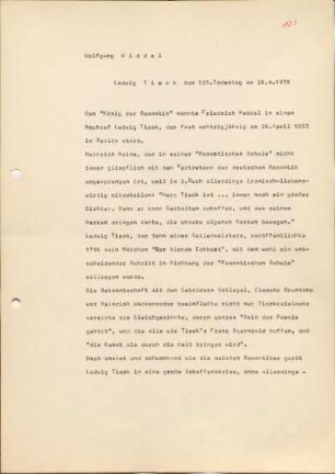 [W182]: Ludwig Tieck zum 125. Todestag am 28.04.1978
