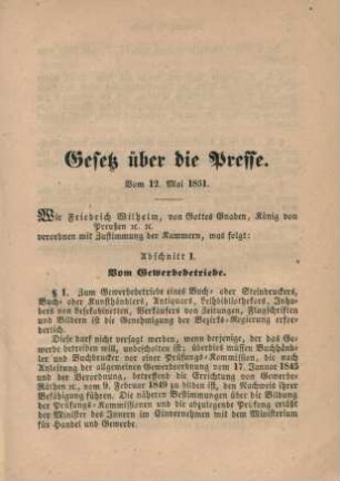 Gesetz über die Presse. Vom 12. Mai 1851.