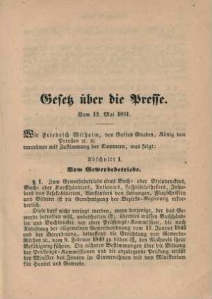 Gesetz über die Presse. Vom 12. Mai 1851.