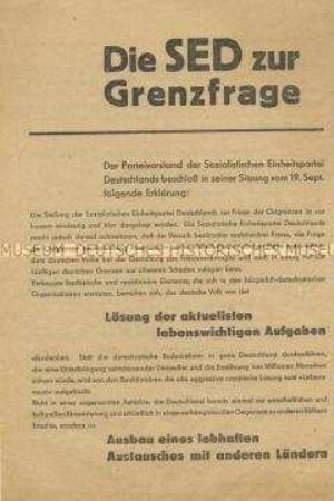 Erklärung des Parteivorstandes der SED vom 19.09.1946 zur Frage der Grenzen Deutschlands