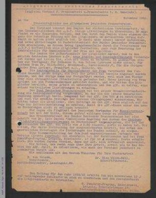 Rundschreiben von Dorothee von Velsen, Else Ulich-Beil und Gertrud Dumstrey-Freytag an die Einzelmitglieder des ADF