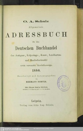 42.1880: Allgemeines Adreßbuch für den deutschen Buchhandel, den Antiquar-, Colportage-, Kunst- Landkarten- und Musikalien-Handel sowie verwandte Geschäftszweige