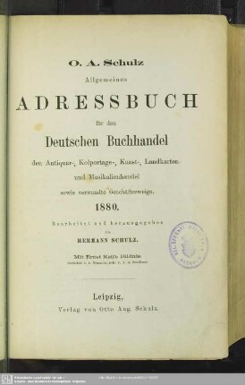 42.1880: Allgemeines Adreßbuch für den deutschen Buchhandel, den Antiquar-, Colportage-, Kunst- Landkarten- und Musikalien-Handel sowie verwandte Geschäftszweige