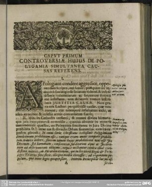Caput Primum Controversiae Huius De Polygamia Simultanea Causas Referens
