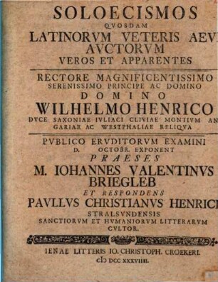 Soloecismos Qvosdam Latinorvm Veteris Aevi Avctorvm Veros Et Apparentes