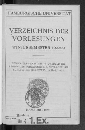 WS 1922/23: Verzeichnis der Vorlesungen // Hamburgische Universität