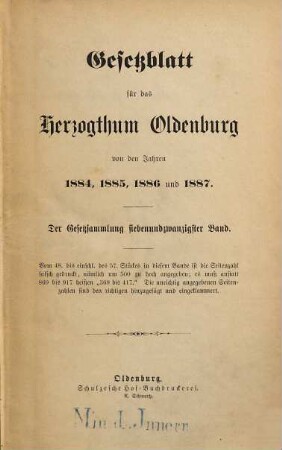 Gesetzblatt für das Herzogtum Oldenburg : von den Jahren .... 27. 1884/87