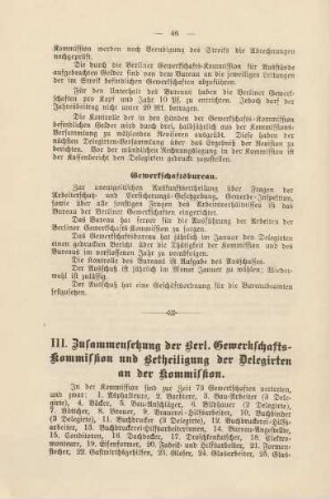 III. [und IV.] Zusammensetzung der Berl. Gewerkschafts-Kommission und Betheiligung der Delegirten an der Kommission.