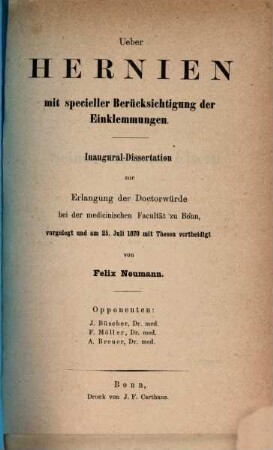 Ueber Hernien mit specieller Berücksichtigung der Einklemmungen : Inaug. Diss.