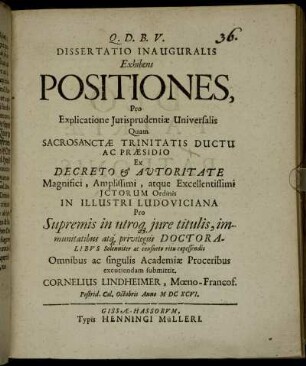 Dissertatio Inauguralis Exhibens Positiones, Pro Explicatione Iurisprudentiae Universalis