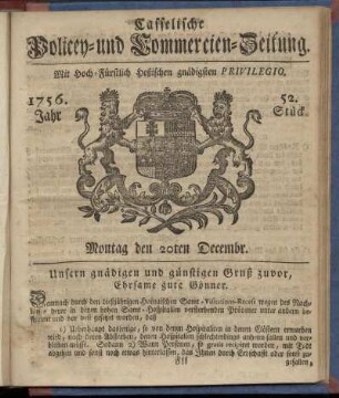 52. Stueck, Montag den 20ten Decembr. 1756