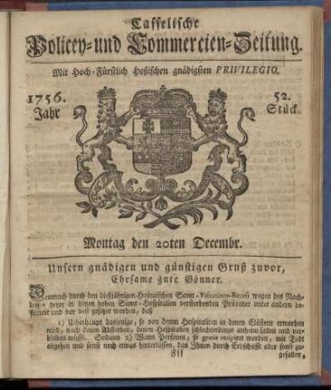 52. Stueck, Montag den 20ten Decembr. 1756