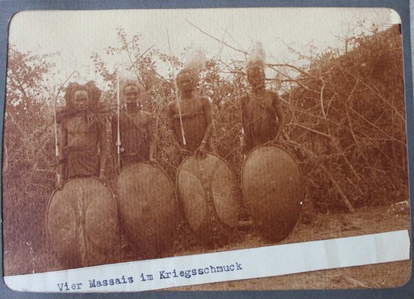 Vier Massai im Kriegsschmuck