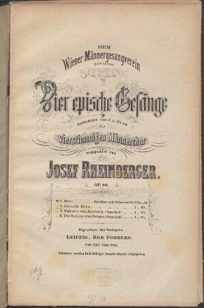 4 Epische Gesänge : gedichtet von F. A. Muth ; für 4stg. Männerchor ; op. 86