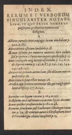 Index. Rerum Et Verborum Singulariter Notabilium, In Quo Prior Numerus paginam, posterior numerum designat.