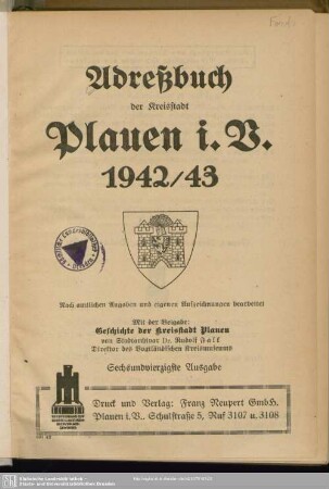 46.1942/43(1943): Adreßbuch der Kreisstadt Plauen i. V. : nach amtlichen Angaben und eigenen Aufzeichnungen bearbeitet