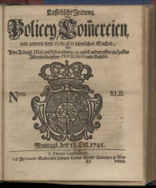 Nro. XLII, Montags, den 18. Oct. 1745