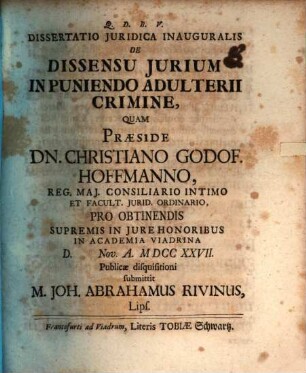 Diss. ... inaug. de dissensu iurium in puniendo adulterii crimine