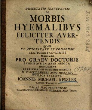 Dissertatio Inavgvralis De Morbis Hyemalibvs Feliciter Avertendis