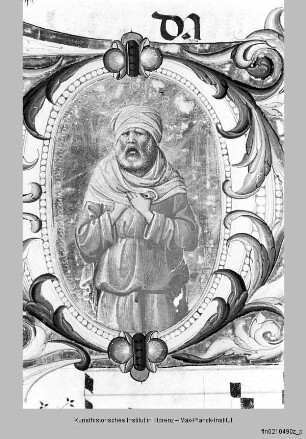 Historisierte Initiale D(ominus in adiutorium meum), darin Prophet, ober- und unterhalb männliche Halbfiguren - Diurno Domenicale