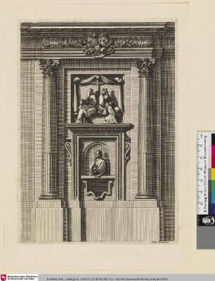 [Epitaph gerahmt von zwei Säulen, in der Mitte die Halbfigur eines Mannes; Mausolée épitaphe, orné de deux grandes colonnes cannelées]