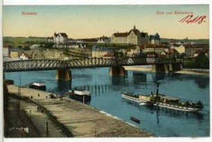 Meißen. Ratsweinberg, Brücke, Elbe mit Dampfer "Germania"