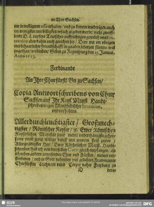 Copia Antwortschreibens von ChurSachsen auf Ihr Kays. Mayst. Handtschreiben wegen Manßfeldischer Intention, und vorhabens