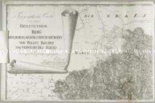 Topographische Carte von dem Herzogthum Berg. Mit einer Anschlusskarte: Ertzstift Cöln; einer Nebenkarte: Topographische Karte der Rhein-Gegend von der Aar-Mündung bis Blittersdorf; und einem Erläuterungsblatt