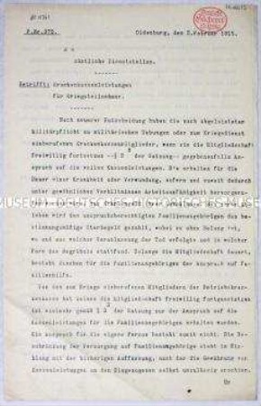 Hektografiertes maschinenschriftliches Rundschreiben über Leistungen der Krankenkassen für Kriegsteilnehmer