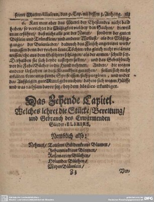 Das Zehende Capitel. Welches lehret die Stücke/ BEreitung/ und Gebrauch des Erwärmenden Glieder-Elexirs.