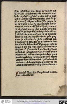 Explicit Aurelius Augustinus de moribus ecclesie catholice.