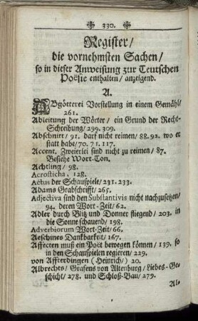 Register / die vornehmsten Sachen/ so in dieser Anweisung zur Teutschen Poësie enthalten / anzeigend