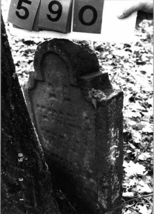 Grabstein 590 (Index: 99753088) Material: Sandstein Zustand: leicht verwittert Maße HxBxT: 62x35x9 cm Beschreibung: Stele, doppelt eingezogener Rundbogenabschluß, Schriftfeld eingetieft: Grabstein 590