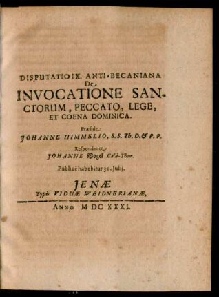 9: De Invocatione Sanctorum, Peccato, Lege, Et Coena Dominica