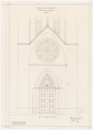 Dorfkirche, Paretz Denkmalpflege - Bauaufnahme und Entwurf für Umbaumaßnahmen: Aufriss Ansicht der Westseite mit der Eingangstür 1:20